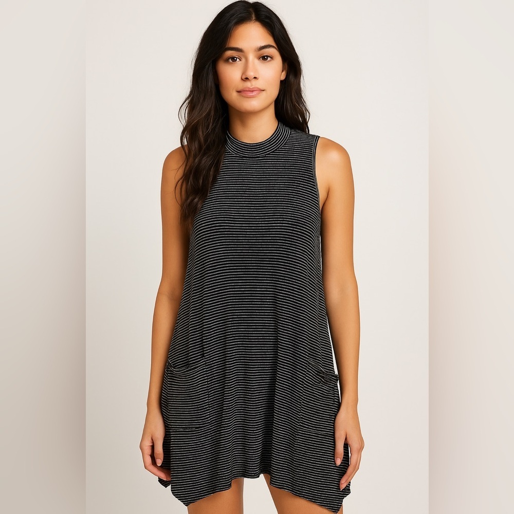 Philosophy Sleeveless Handkerchief High Mock Neck Dress Striped Black/White, S